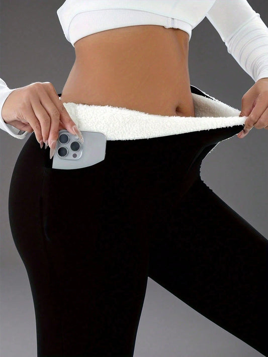 Women's High Waist Thermal Leggings- Elastic Thickened, Warm & Comfortable, With Elastic Waistband And Pockets, Casual Comfortable Warm Leggings, Cozy