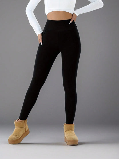 Women's High Waist Thermal Leggings- Elastic Thickened, Warm & Comfortable, With Elastic Waistband And Pockets, Casual Comfortable Warm Leggings, Cozy