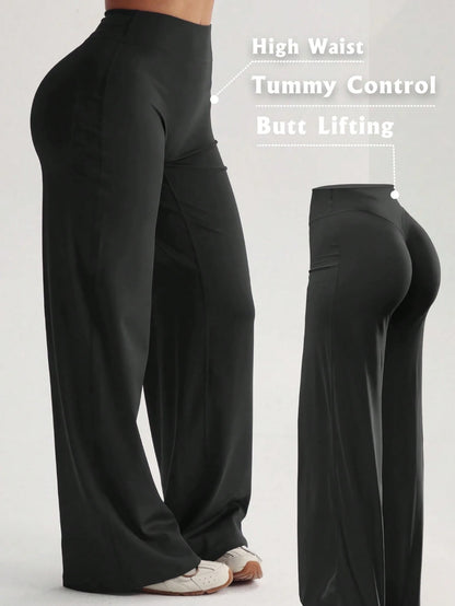 Women's High Waist Wide Leg Pants For Outdoor Exercise, Comfortable Sports Casual Leggings, High Elastic Flare Pants For Commuting & Yoga, Knit Fabric, Stretchy & Comfortable, Suitable For Daily Wear