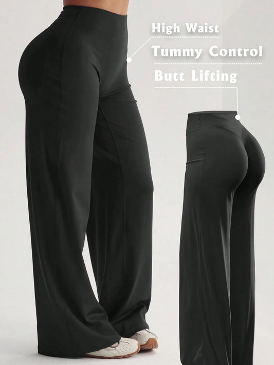 Women's High Waist Wide Leg Pants For Outdoor Exercise, Comfortable Sports Casual Leggings, High Elastic Flare Pants For Commuting & Yoga, Knit Fabric, Stretchy & Comfortable, Suitable For Daily Wear