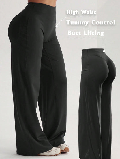 Women's High Waist Wide Leg Pants For Outdoor Exercise, Comfortable Sports Casual Leggings, High Elastic Flare Pants For Commuting & Yoga, Knit Fabric, Stretchy & Comfortable, Suitable For Daily Wear