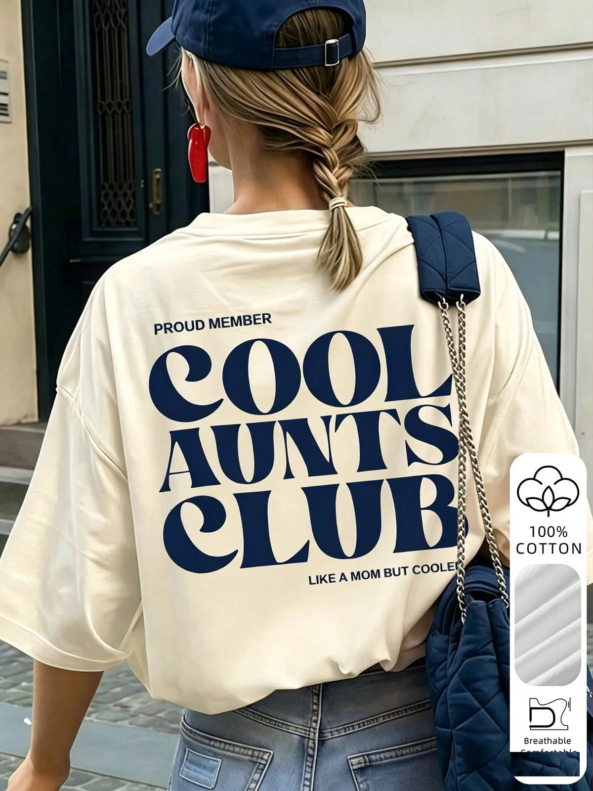 Women's Interesting & Cool "Auntie Club" Pattern Loose T-Shirt, 100% Cotton Comfortable Round Neck Top, Auntie Life Style, Suitable For Family Gatherings, Weekend Outings, Vacations, And Gifts For Aun