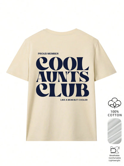 Women's Interesting & Cool "Auntie Club" Pattern Loose T-Shirt, 100% Cotton Comfortable Round Neck Top, Auntie Life Style, Suitable For Family Gatherings, Weekend Outings, Vacations, And Gifts For Aun