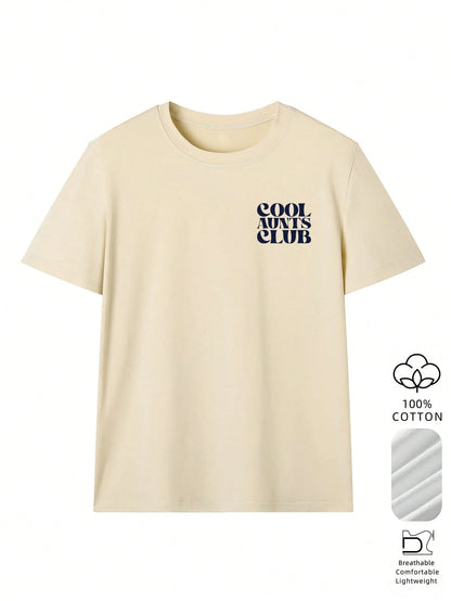 Women's Interesting & Cool "Auntie Club" Pattern Loose T-Shirt, 100% Cotton Comfortable Round Neck Top, Auntie Life Style, Suitable For Family Gatherings, Weekend Outings, Vacations, And Gifts For Aun
