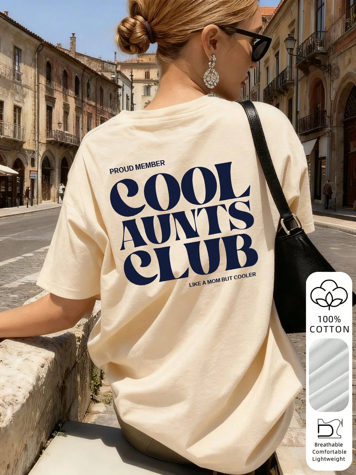 Women's Interesting & Cool "Auntie Club" Pattern Loose T-Shirt, 100% Cotton Comfortable Round Neck Top, Auntie Life Style, Suitable For Family Gatherings, Weekend Outings, Vacations, And Gifts For Aun