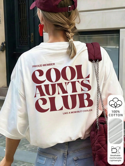 Women's Interesting & Cool "Auntie Club" Pattern Loose T-Shirt, 100% Cotton Comfortable Round Neck Top, Auntie Life Style, Suitable For Family Gatherings, Weekend Outings, Vacations, And Gifts For Aun