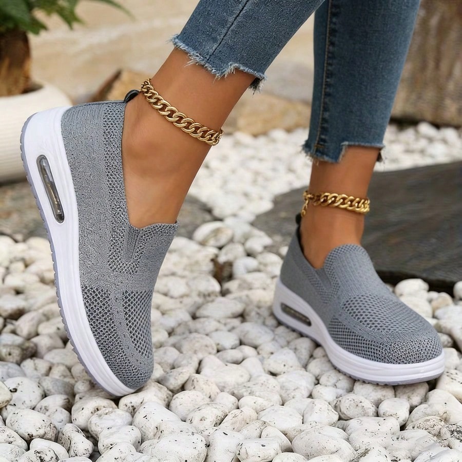 Women's Knit Slip-On Sneakers, Air Cushion Sole, Soft Non-Slip, Ideal For Elders, Home & Daily Outdoor Use