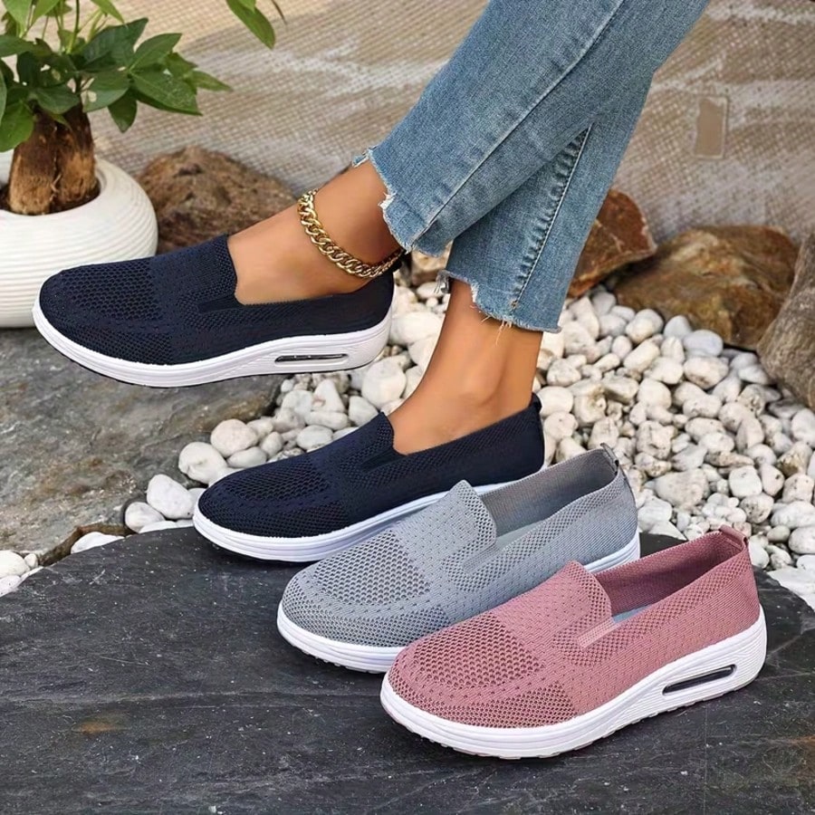 Women's Knit Slip-On Sneakers, Air Cushion Sole, Soft Non-Slip, Ideal For Elders, Home & Daily Outdoor Use