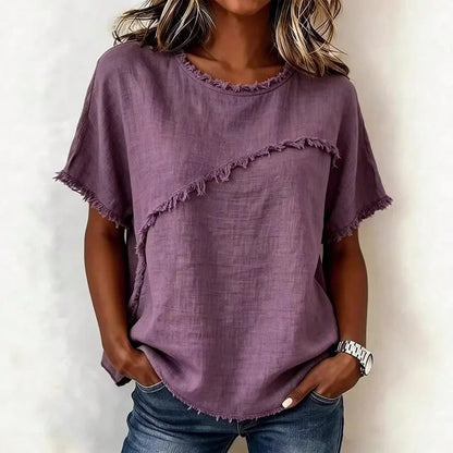 Women's Linen-Blend Fringe Trim T-Shirt, Crew Neck Short Sleeve Casual Blouse, Multi-Color Options