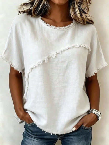 Women's Linen-Blend Fringe Trim T-Shirt, Crew Neck Short Sleeve Casual Blouse, Multi-Color Options