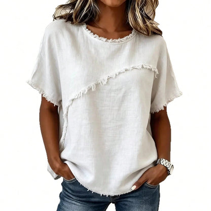 Women's Linen-Blend Fringe Trim T-Shirt, Crew Neck Short Sleeve Casual Blouse, Multi-Color Options