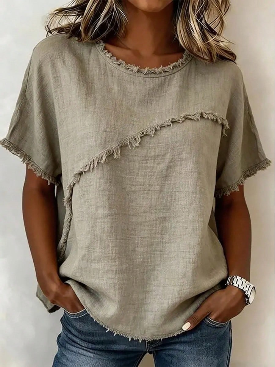 Women's Linen-Blend Fringe Trim T-Shirt, Crew Neck Short Sleeve Casual Blouse, Multi-Color Options