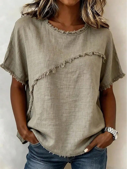 Women's Linen-Blend Fringe Trim T-Shirt, Crew Neck Short Sleeve Casual Blouse, Multi-Color Options