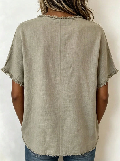 Women's Linen-Blend Fringe Trim T-Shirt, Crew Neck Short Sleeve Casual Blouse, Multi-Color Options