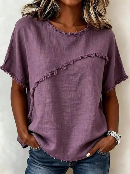 Women's Linen-Blend Fringe Trim T-Shirt, Crew Neck Short Sleeve Casual Blouse, Multi-Color Options