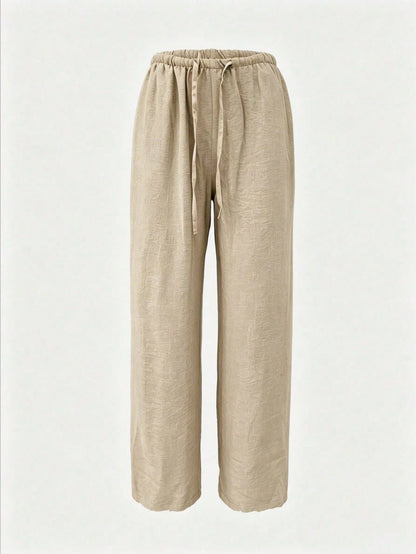 Women's Linen Color Wide Leg Pants, Elastic Waist Drawstring Loose Relaxed Casual Lightweight Breathable Trousers, Summer, Vacationcore
