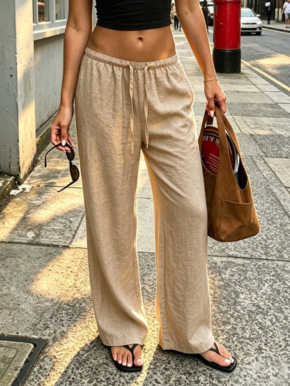 Women's Linen Color Wide Leg Pants, Elastic Waist Drawstring Loose Relaxed Casual Lightweight Breathable Trousers, Summer, Vacationcore