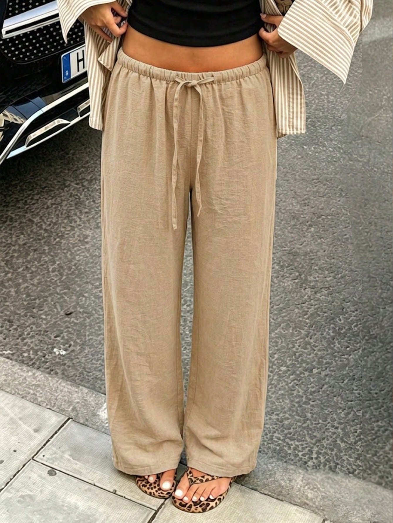 Women's Linen Color Wide Leg Pants, Elastic Waist Drawstring Loose Relaxed Casual Lightweight Breathable Trousers, Summer, Vacationcore
