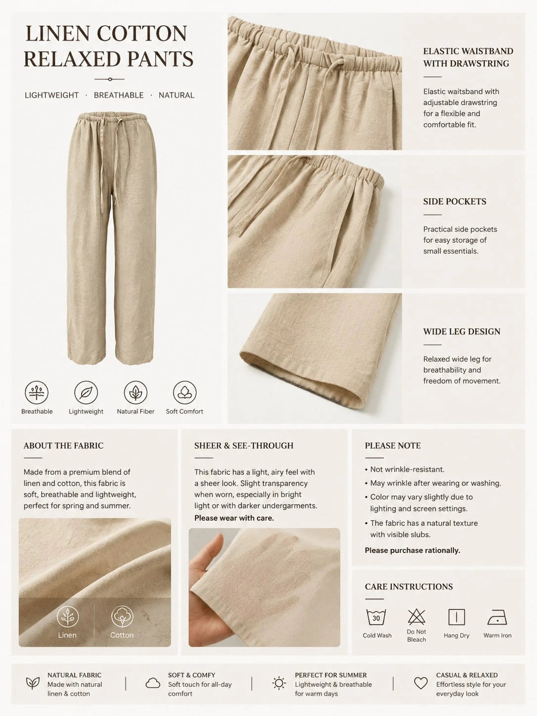 Women's Linen Color Wide Leg Pants, Elastic Waist Drawstring Loose Relaxed Casual Lightweight Breathable Trousers, Summer, Vacationcore