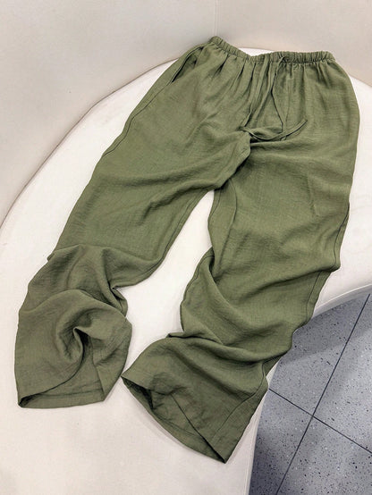 Women's Linen Color Wide Leg Pants, Elastic Waist Drawstring Loose Relaxed Casual Lightweight Breathable Trousers, Summer, Vacationcore