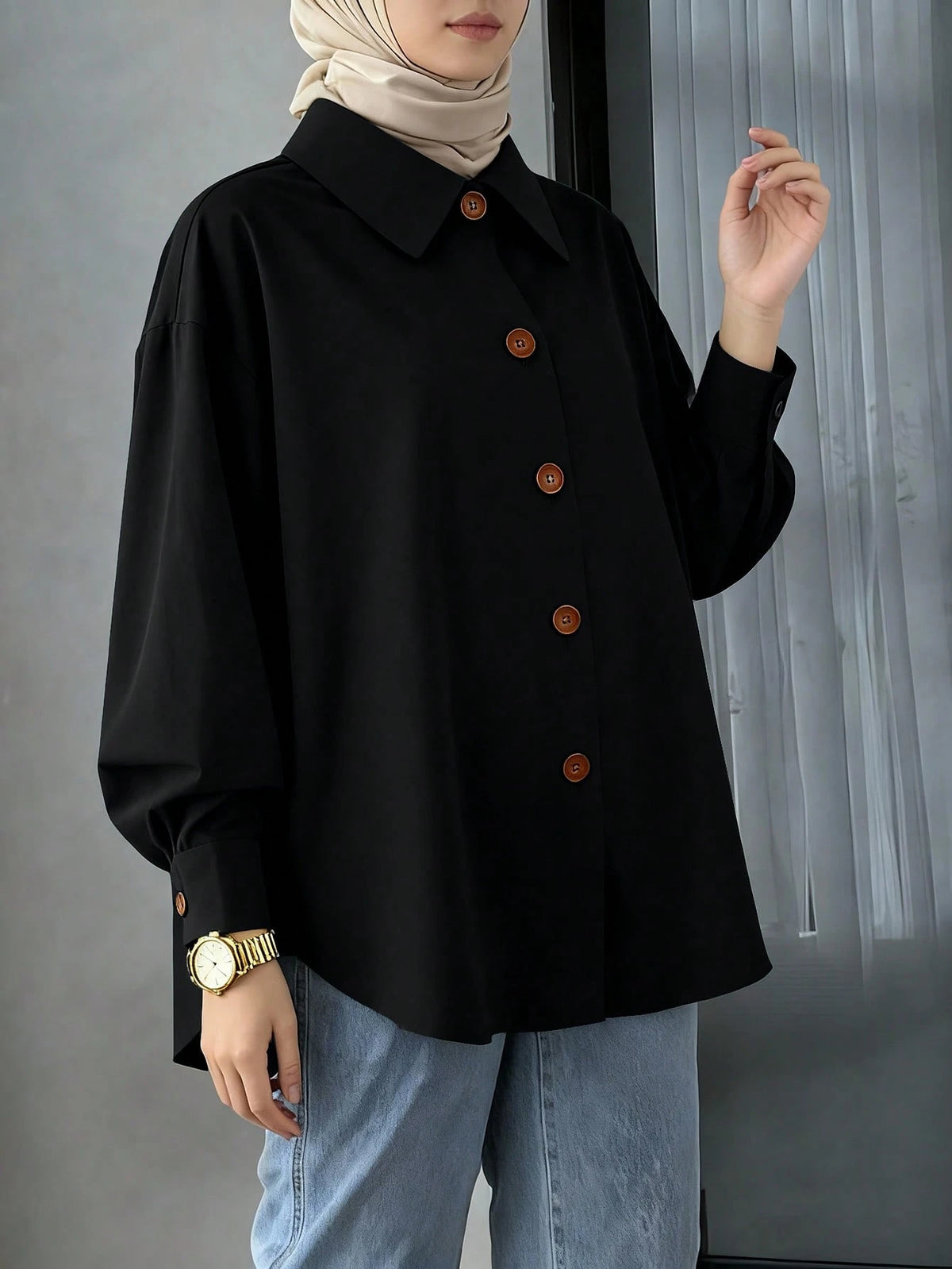 Women's Long Sleeve Plaid Shirt Collar Button Front Blouse, Woven Fabric Black Fall