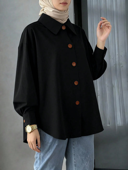 Women's Long Sleeve Plaid Shirt Collar Button Front Blouse, Woven Fabric Black Fall