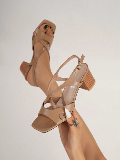 Women's Mocha Brown Wide Strap Back Strap Low Chunky Heel Sandals, Casual Versatile Wood Grain Heel Decor Comfortable Elegant Sandals, PU Upper High Heel Sandals, Suitable For Commute, Business, Casua