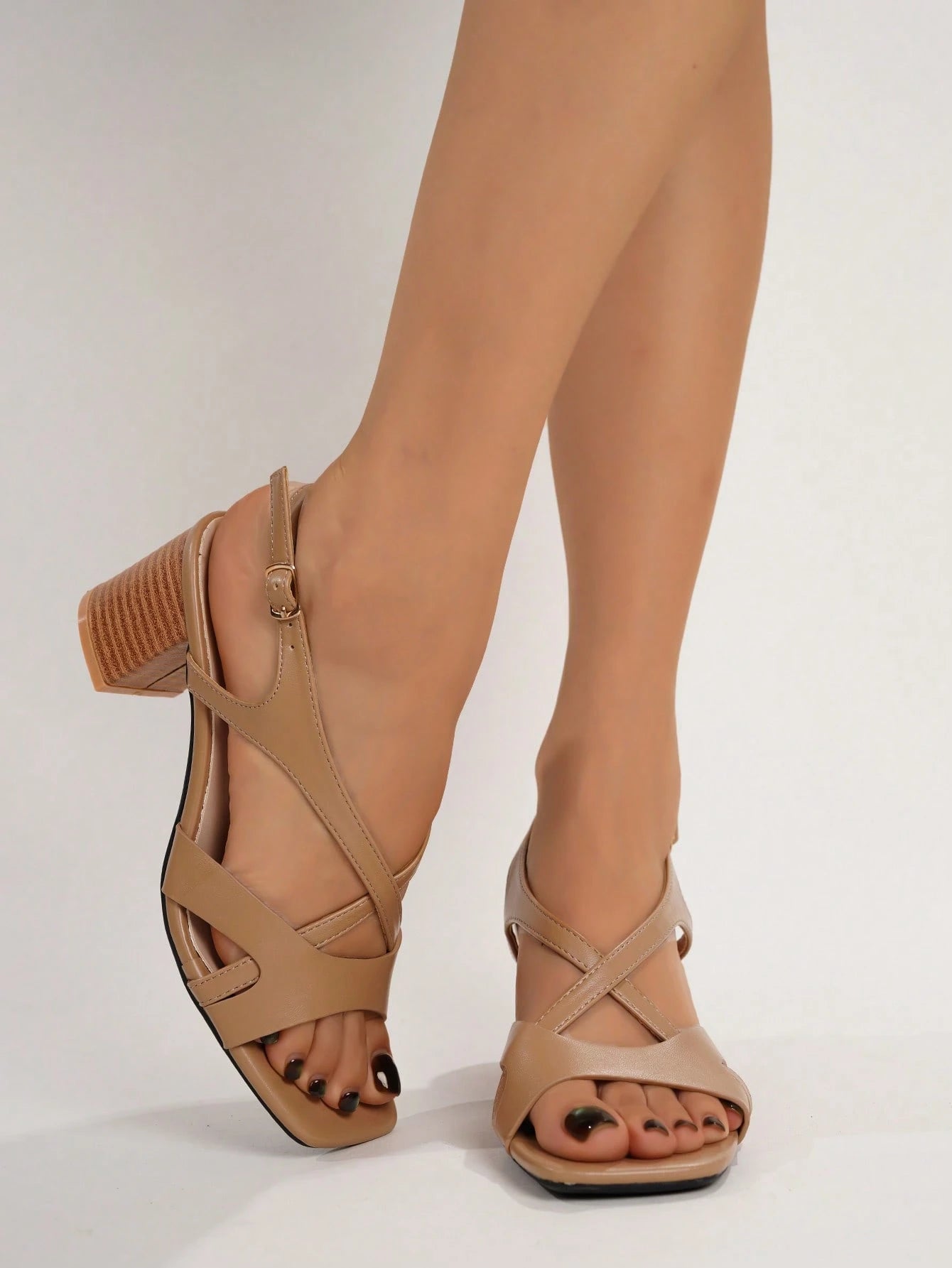 Women's Mocha Brown Wide Strap Back Strap Low Chunky Heel Sandals, Casual Versatile Wood Grain Heel Decor Comfortable Elegant Sandals, PU Upper High Heel Sandals, Suitable For Commute, Business, Casua