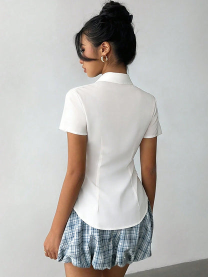 Women's New Spring/Summer Solid Color Woven Fabric Front Button Fitted Blouse, Suitable For Office, Outing, Vacation, Commute, Holiday, Beach, Casual Everyday Wear White
