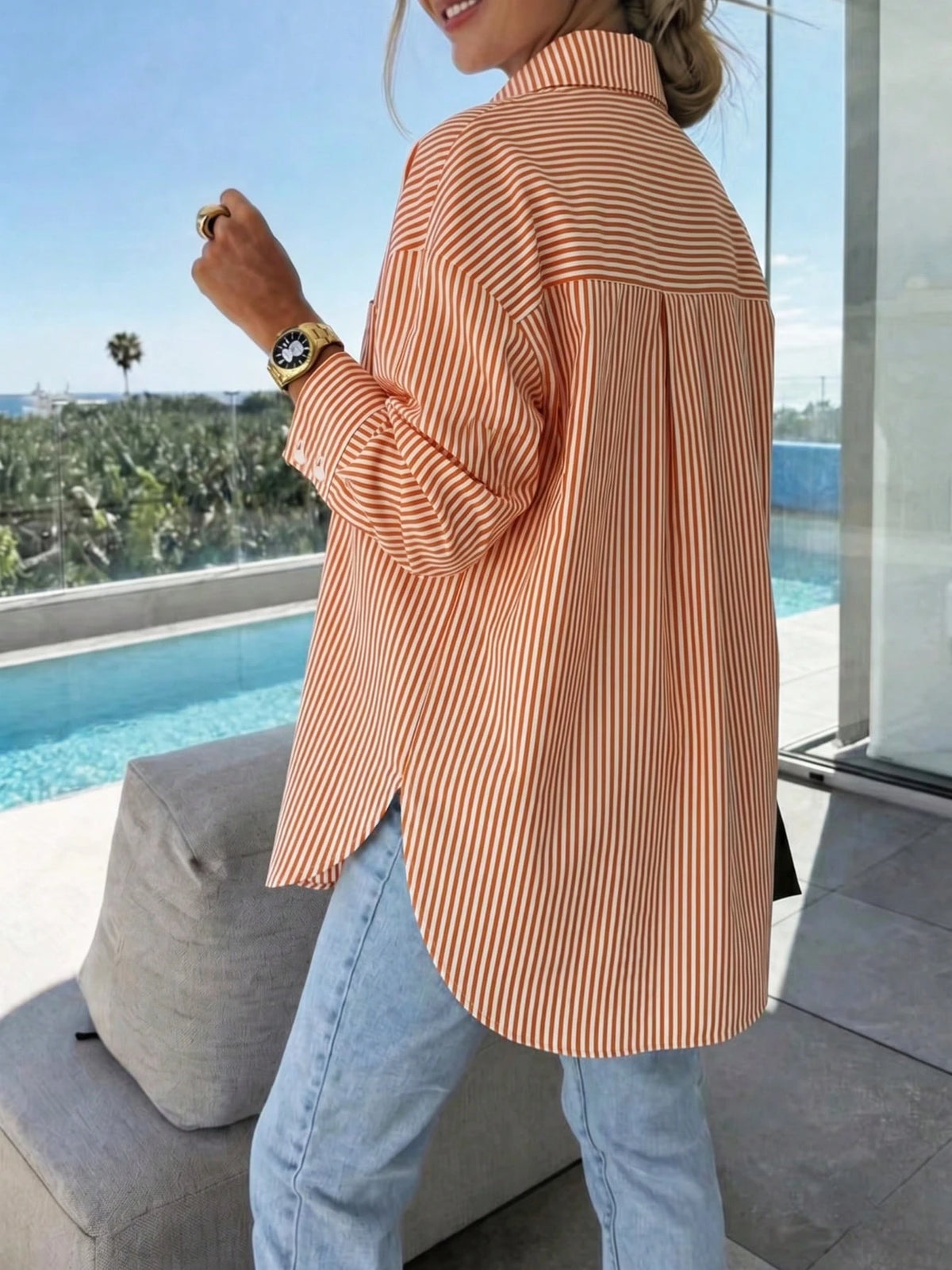 Women's Off-Shoulder Long Sleeve Striped Shirt, Casual Vacation Loose Fit, Suitable For Spring/Summer Commute And Daily Wear