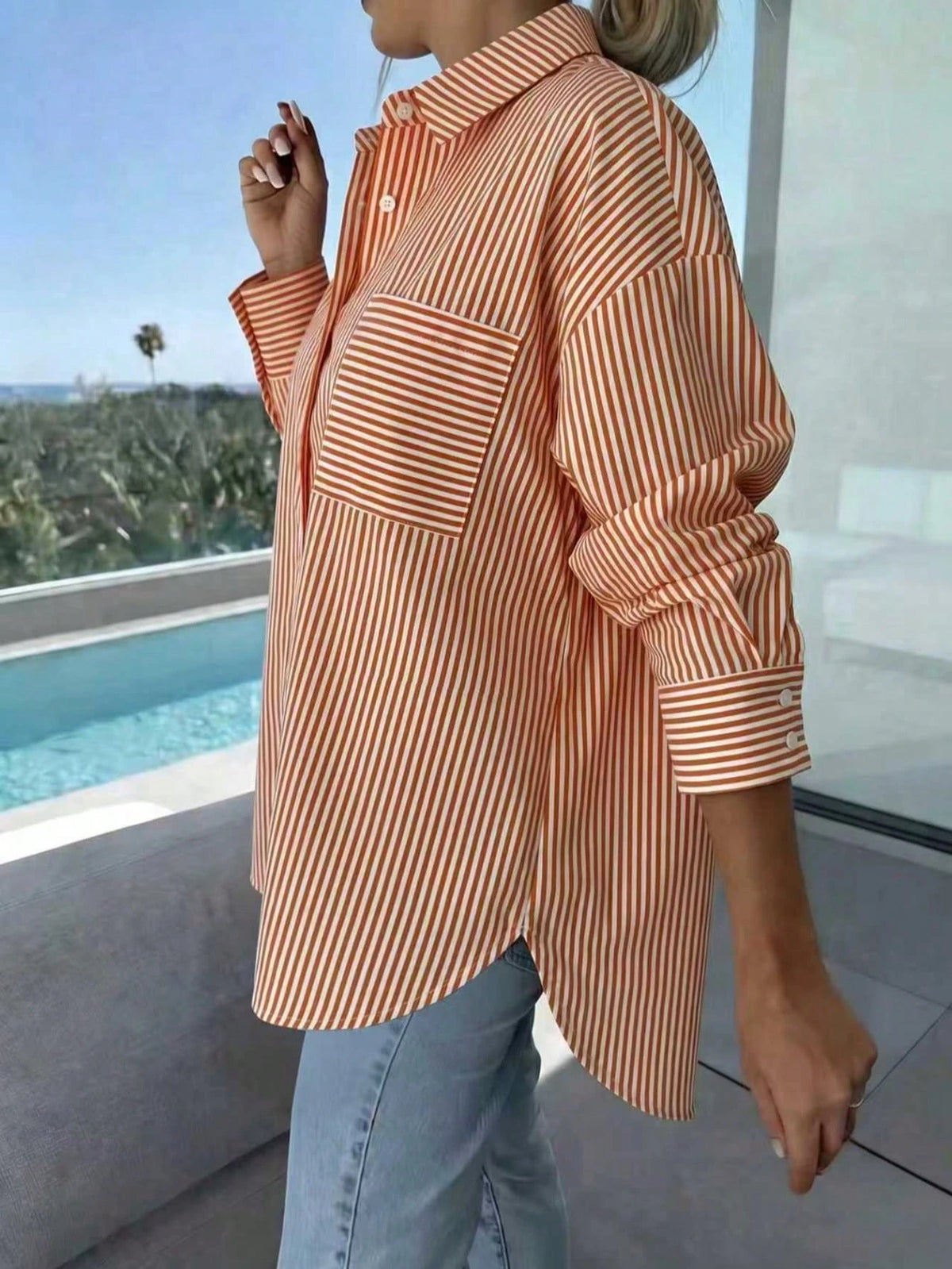 Women's Off-Shoulder Long Sleeve Striped Shirt, Casual Vacation Loose Fit, Suitable For Spring/Summer Commute And Daily Wear