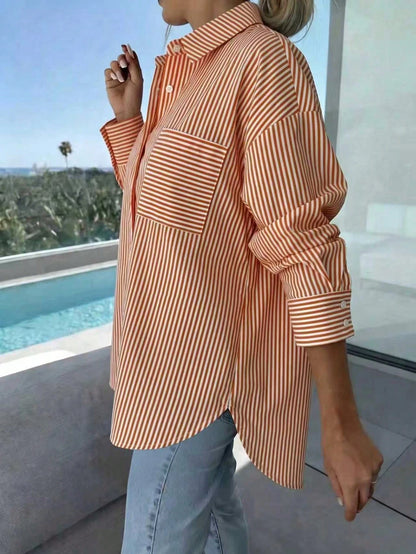 Women's Off-Shoulder Long Sleeve Striped Shirt, Casual Vacation Loose Fit, Suitable For Spring/Summer Commute And Daily Wear