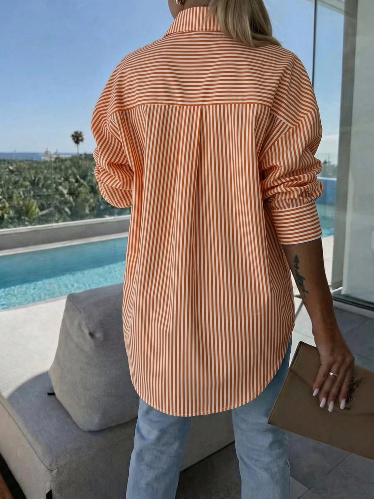 Women's Off-Shoulder Long Sleeve Striped Shirt, Casual Vacation Loose Fit, Suitable For Spring/Summer Commute And Daily Wear