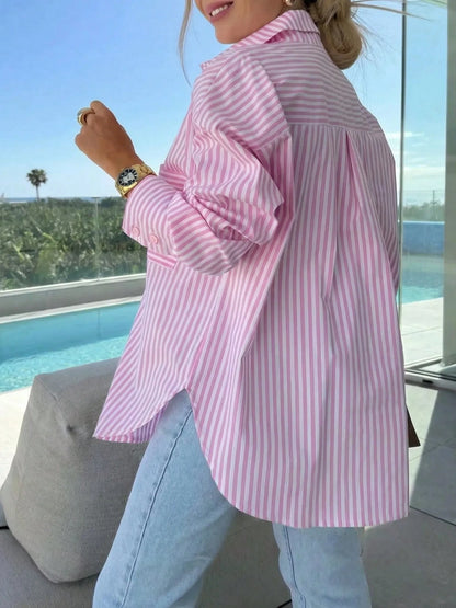 Women's Off-Shoulder Long Sleeve Striped Shirt, Casual Vacation Loose Fit, Suitable For Spring/Summer Commute And Daily Wear