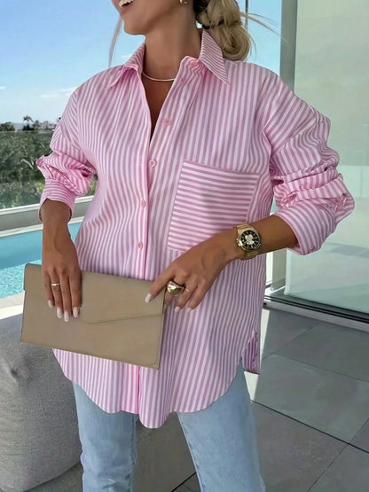 Women's Off-Shoulder Long Sleeve Striped Shirt, Casual Vacation Loose Fit, Suitable For Spring/Summer Commute And Daily Wear