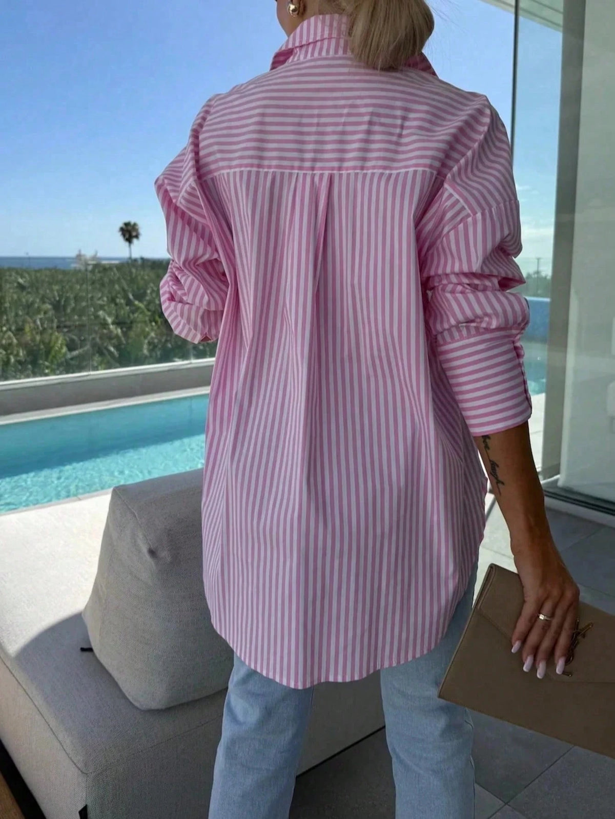 Women's Off-Shoulder Long Sleeve Striped Shirt, Casual Vacation Loose Fit, Suitable For Spring/Summer Commute And Daily Wear