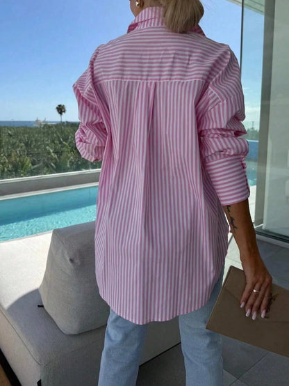 Women's Off-Shoulder Long Sleeve Striped Shirt, Casual Vacation Loose Fit, Suitable For Spring/Summer Commute And Daily Wear