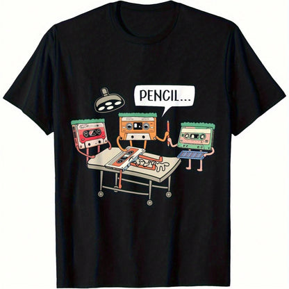 Women'S Plus Size Cotton Retro 80s Cassette Tape And 8-Bit T-Shirt- Loose Straight-Leg Retro Game And Music T-Shirt With Pencil Icon Label (No Text)- Casual Short-Sleeve Shirt Suitable For Casual We