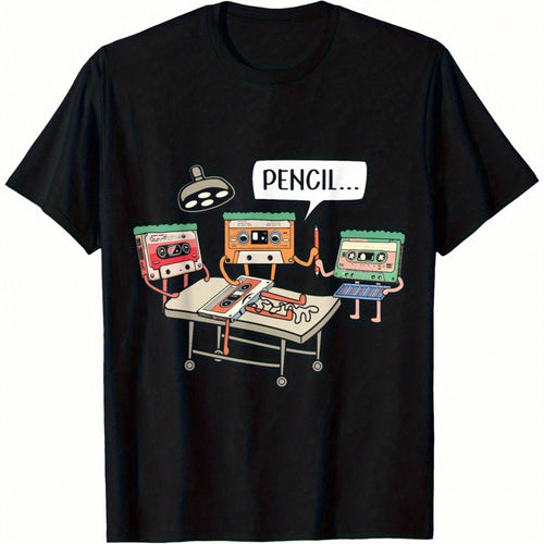 Women'S Plus Size Cotton Retro 80s Cassette Tape And 8-Bit T-Shirt- Loose Straight-Leg Retro Game And Music T-Shirt With Pencil Icon Label (No Text)- Casual Short-Sleeve Shirt Suitable For Casual We