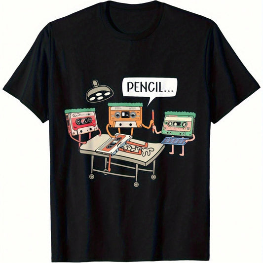 Women'S Plus Size Cotton Retro 80s Cassette Tape And 8-Bit T-Shirt- Loose Straight-Leg Retro Game And Music T-Shirt With Pencil Icon Label (No Text)- Casual Short-Sleeve Shirt Suitable For Casual We