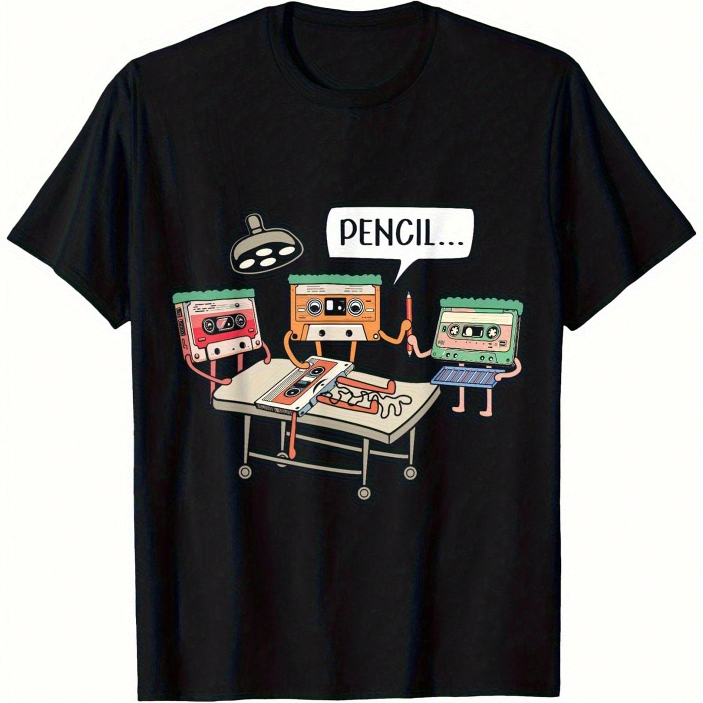 Women'S Plus Size Cotton Retro 80s Cassette Tape And 8-Bit T-Shirt- Loose Straight-Leg Retro Game And Music T-Shirt With Pencil Icon Label (No Text)- Casual Short-Sleeve Shirt Suitable For Casual We