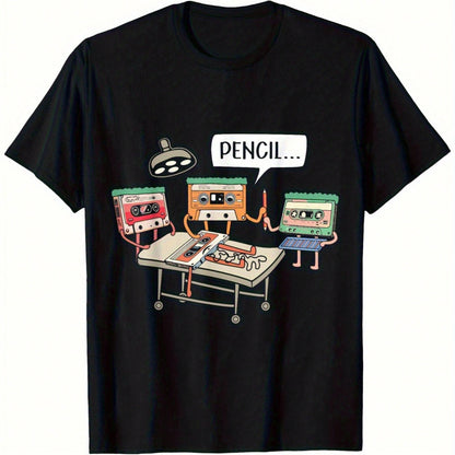 Women'S Plus Size Cotton Retro 80s Cassette Tape And 8-Bit T-Shirt- Loose Straight-Leg Retro Game And Music T-Shirt With Pencil Icon Label (No Text)- Casual Short-Sleeve Shirt Suitable For Casual We