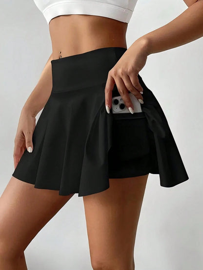 Women's Pocket Sports Elastic Skirt, Double-Layer Sports Ruffle Skirt Pants, Yoga Baseball Uniform Fitness Pants