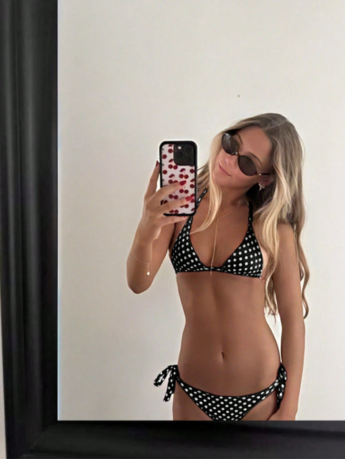 Women's Polka Dot Halter Bikini Set, Cute Tie-Side Swim Bottoms, Medium Stretch Fabric, Perfect For Beach Vacation Summer