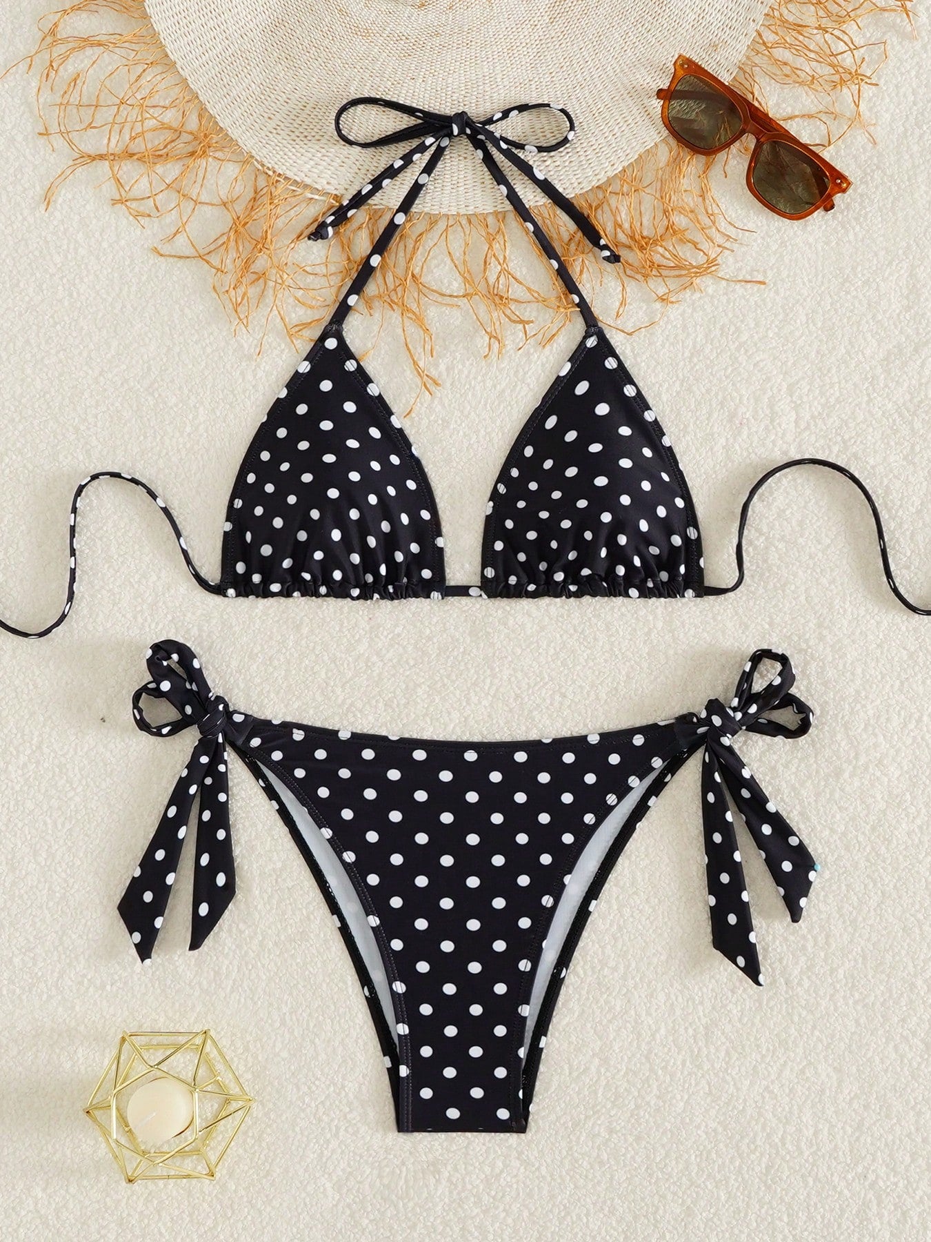 Women's Polka Dot Halter Bikini Set, Cute Tie-Side Swim Bottoms, Medium Stretch Fabric, Perfect For Beach Vacation Summer