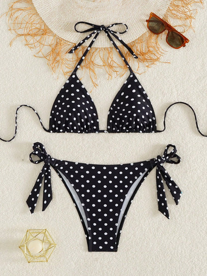 Women's Polka Dot Halter Bikini Set, Cute Tie-Side Swim Bottoms, Medium Stretch Fabric, Perfect For Beach Vacation Summer