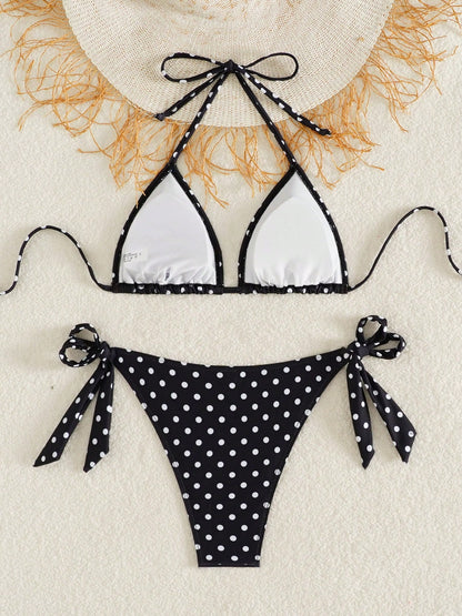 Women's Polka Dot Halter Bikini Set, Cute Tie-Side Swim Bottoms, Medium Stretch Fabric, Perfect For Beach Vacation Summer