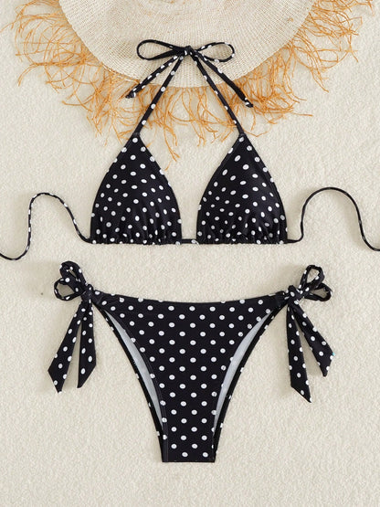 Women's Polka Dot Halter Bikini Set, Cute Tie-Side Swim Bottoms, Medium Stretch Fabric, Perfect For Beach Vacation Summer
