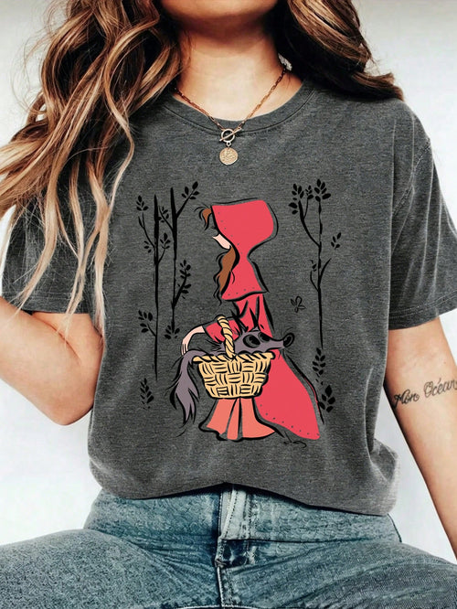 Women's Retro Little Red Riding Hood & Big Bad Wolf T-Shirt- Oversized Fit Short Sleeve Top With Dark Gray Graphic Print, Round Neck Tee With Vintage Fairy Tale Pattern, Suitable For Party And Casual