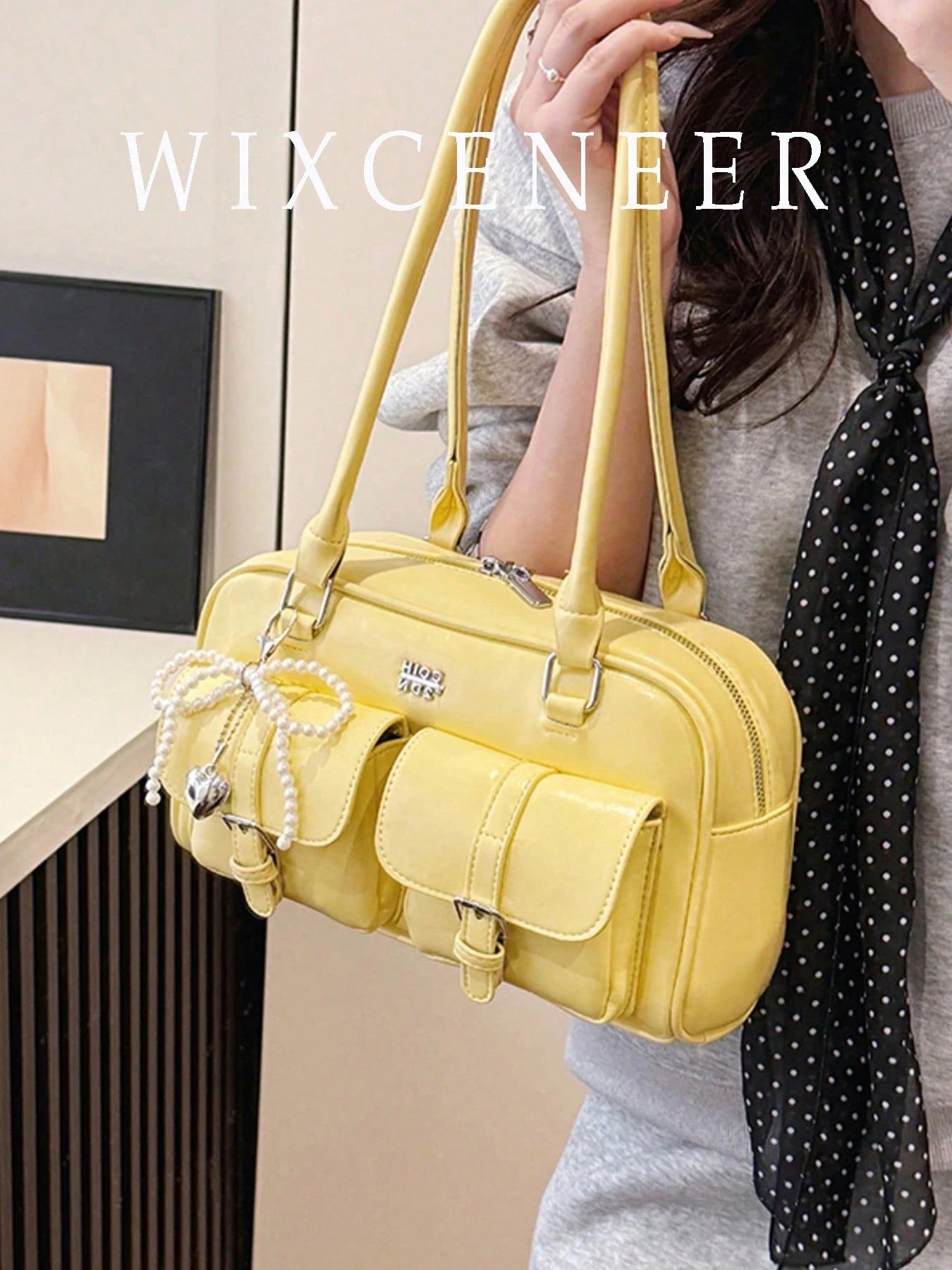 Women's Retro Solid Color PU Leather Shoulder Bag, Multi-Pocket Large Capacity, Comes With Detachable Pendant, Yellow